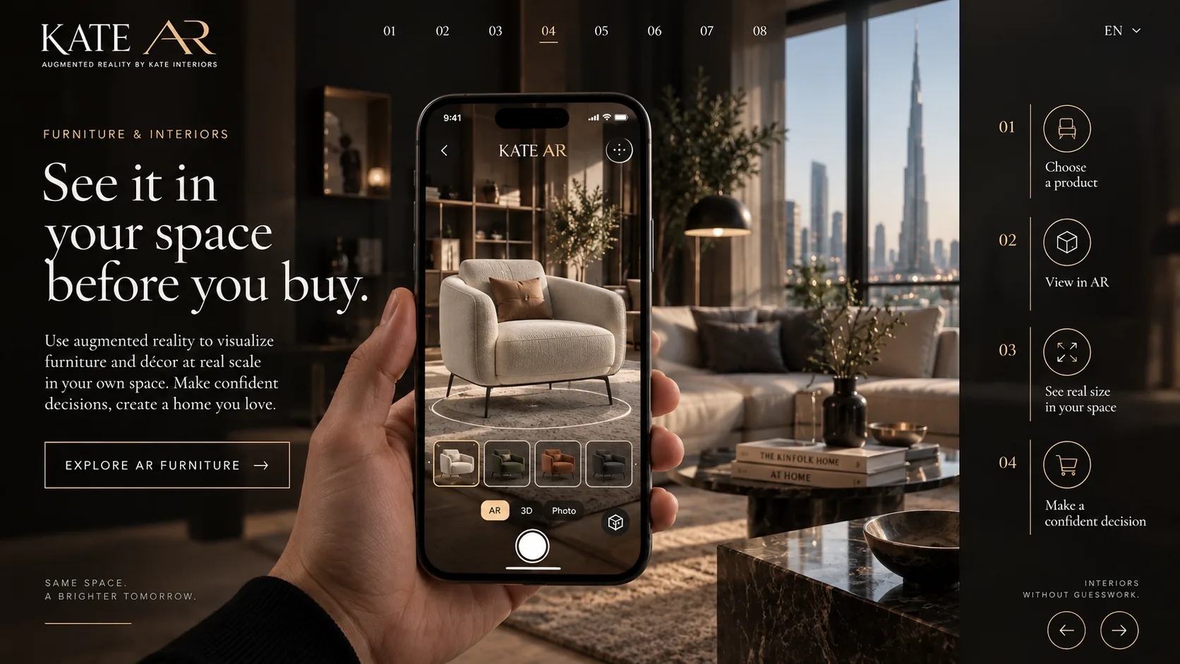 Furniture previewed in a Dubai interior using AR